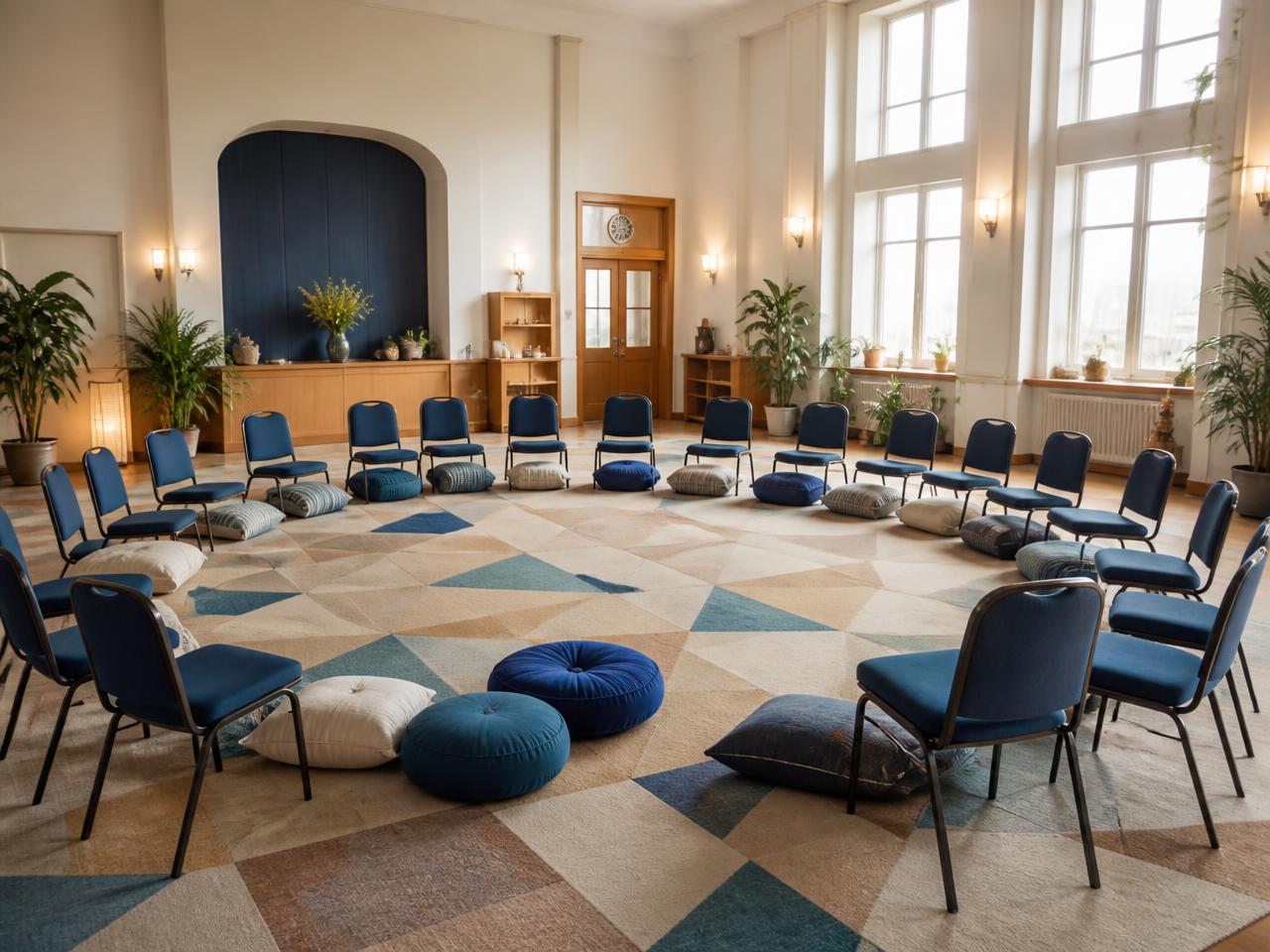 A circle of chairs and cushions in a community hall